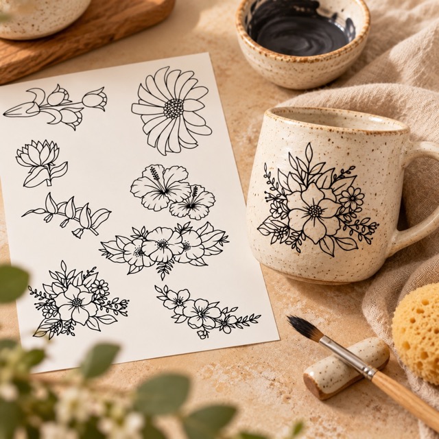 Siebdruckschablone - Acht Blumen Motive - XL 21x30cm